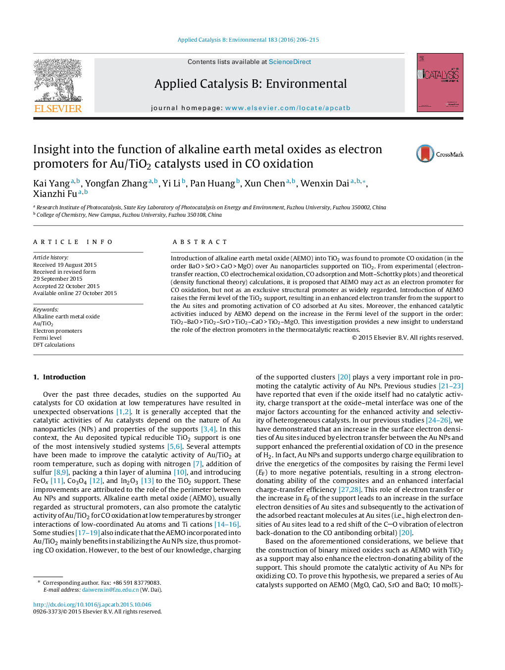 عکس صفحه اول مقاله: Insight into the function of alkaline earth metal oxides as electron promoters for Au/TiO2 catalysts used in CO oxidation Insight into the function of alkaline earth metal oxides as electron promoters for Au/TiO2 catalysts used in CO oxidation