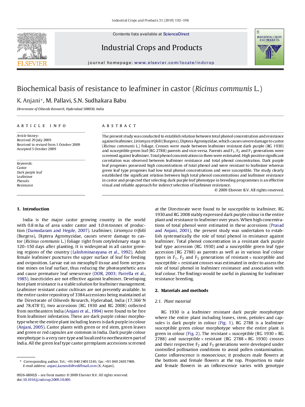 Biochemical basis of resistance to leafminer in castor (Ricinus communis L.)