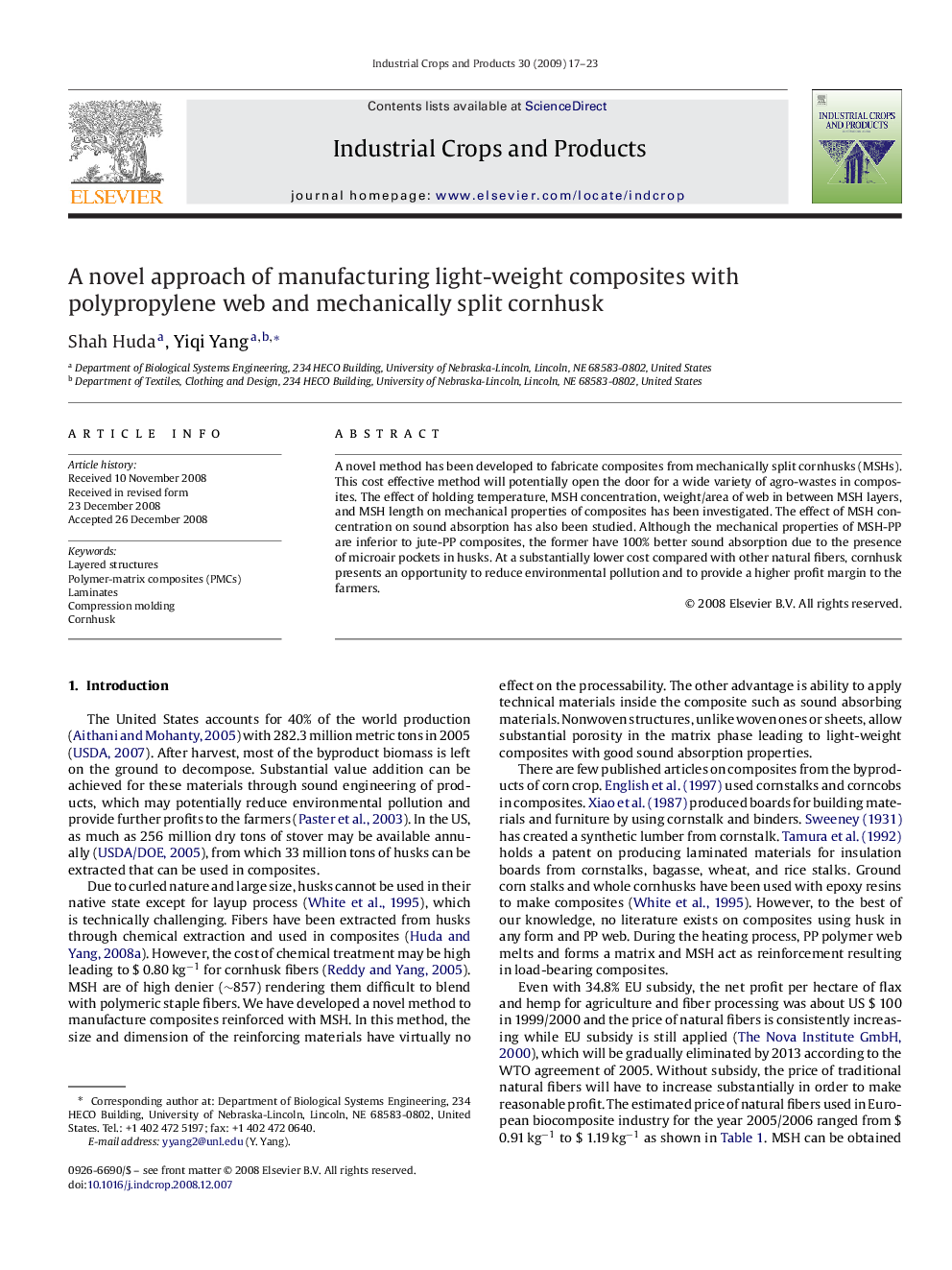 A novel approach of manufacturing light-weight composites with polypropylene web and mechanically split cornhusk