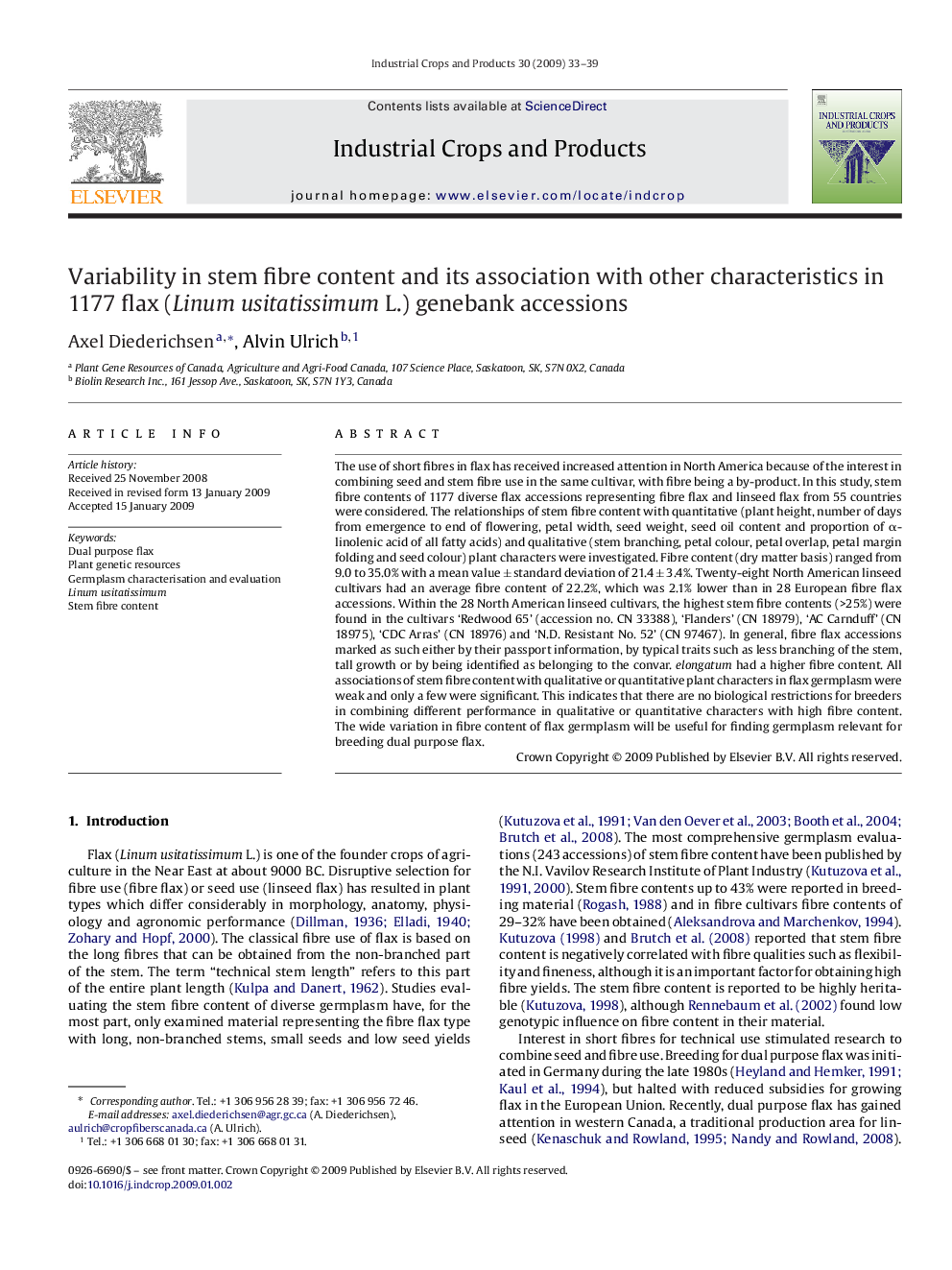 Variability in stem fibre content and its association with other characteristics in 1177 flax (Linum usitatissimum L.) genebank accessions