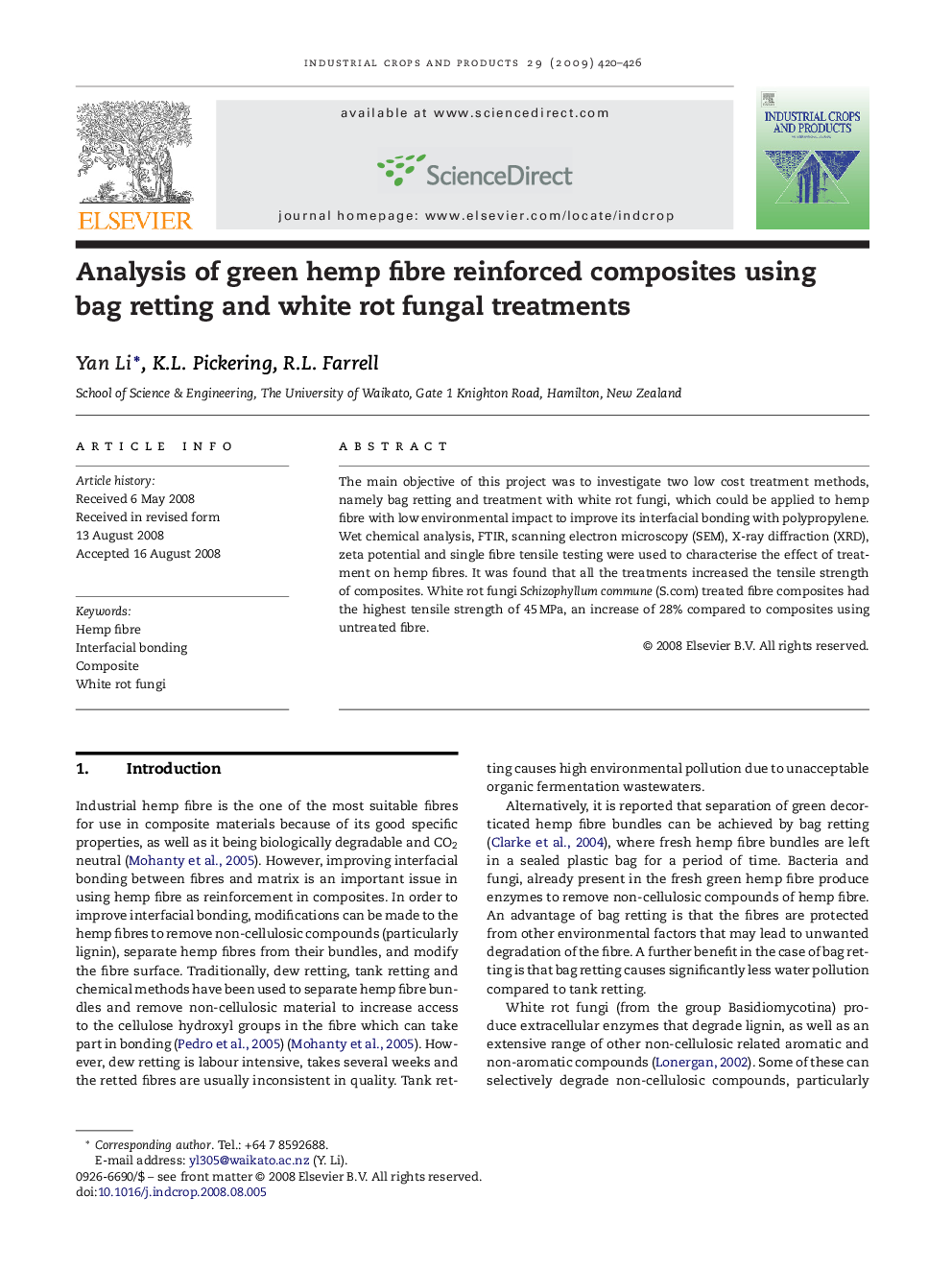 Analysis of green hemp fibre reinforced composites using bag retting and white rot fungal treatments