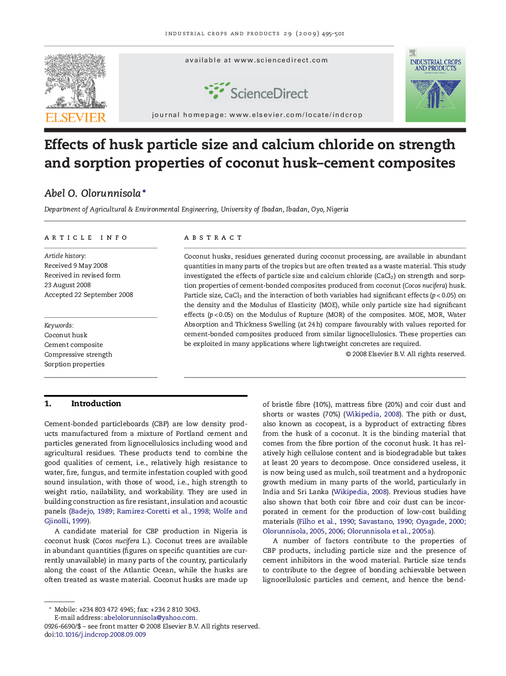 Effects of husk particle size and calcium chloride on strength and sorption properties of coconut husk–cement composites