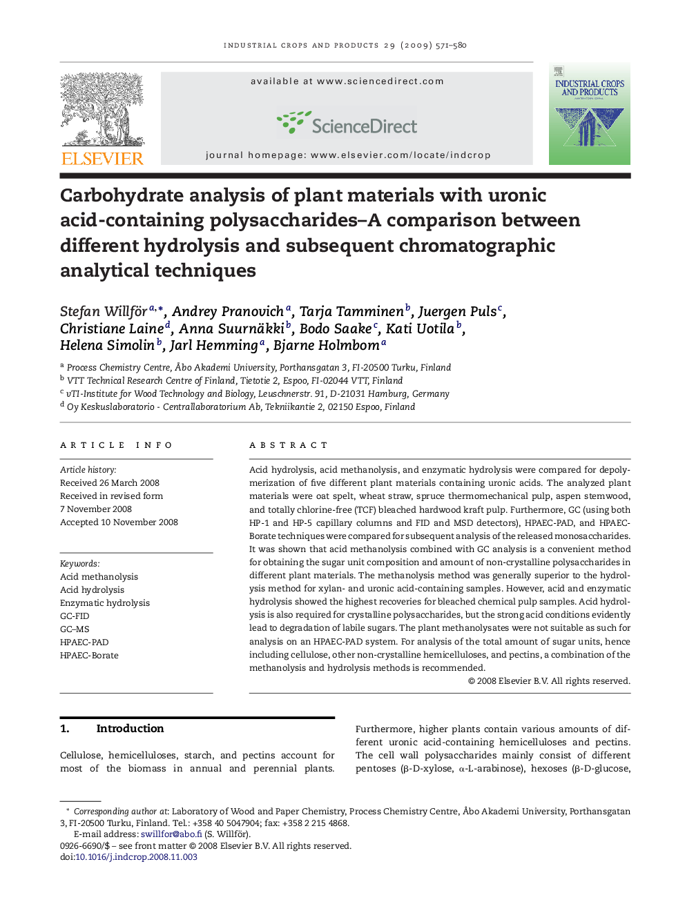 Carbohydrate analysis of plant materials with uronic acid-containing polysaccharides–A comparison between different hydrolysis and subsequent chromatographic analytical techniques