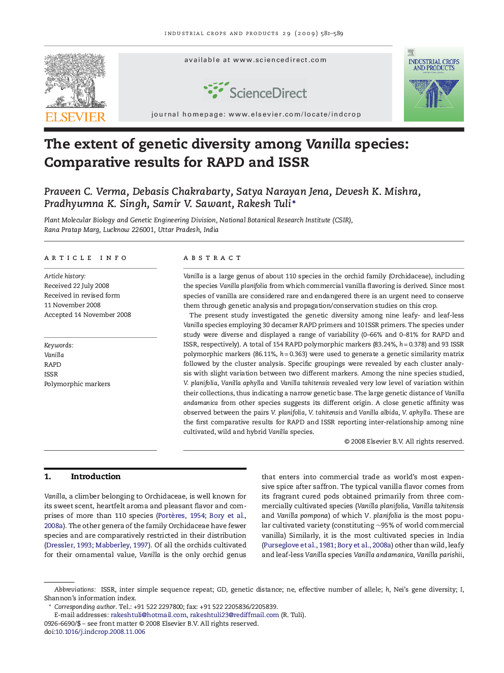 The extent of genetic diversity among Vanilla species: Comparative results for RAPD and ISSR