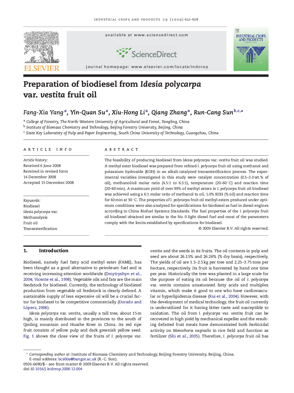 Preparation of biodiesel from Idesia polycarpa var. vestita fruit oil