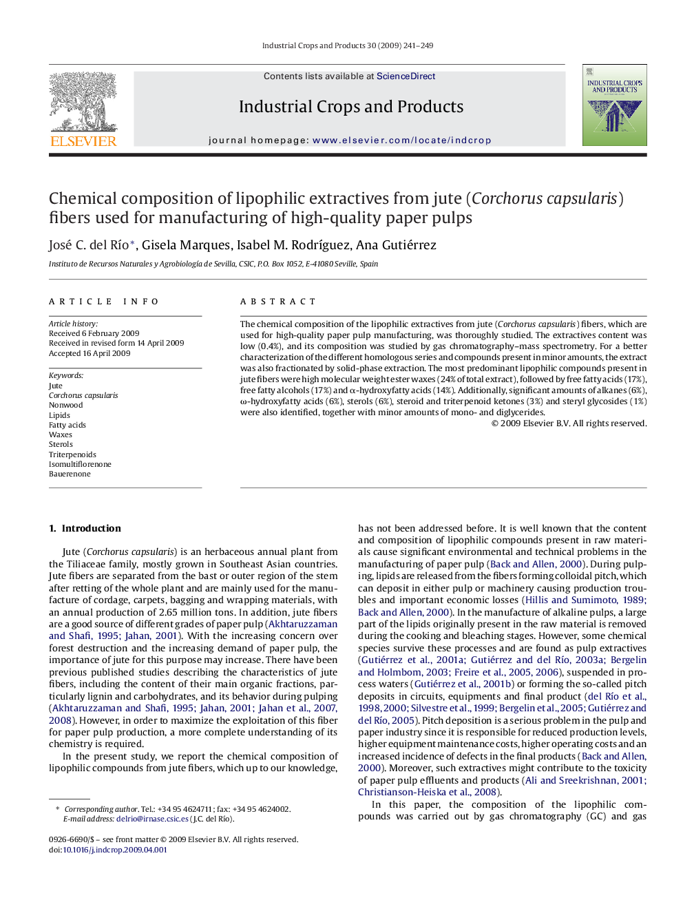 Chemical composition of lipophilic extractives from jute (Corchorus capsularis) fibers used for manufacturing of high-quality paper pulps