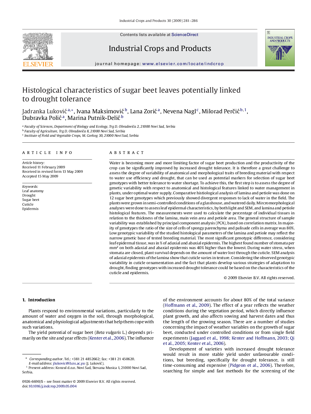 Histological characteristics of sugar beet leaves potentially linked to drought tolerance