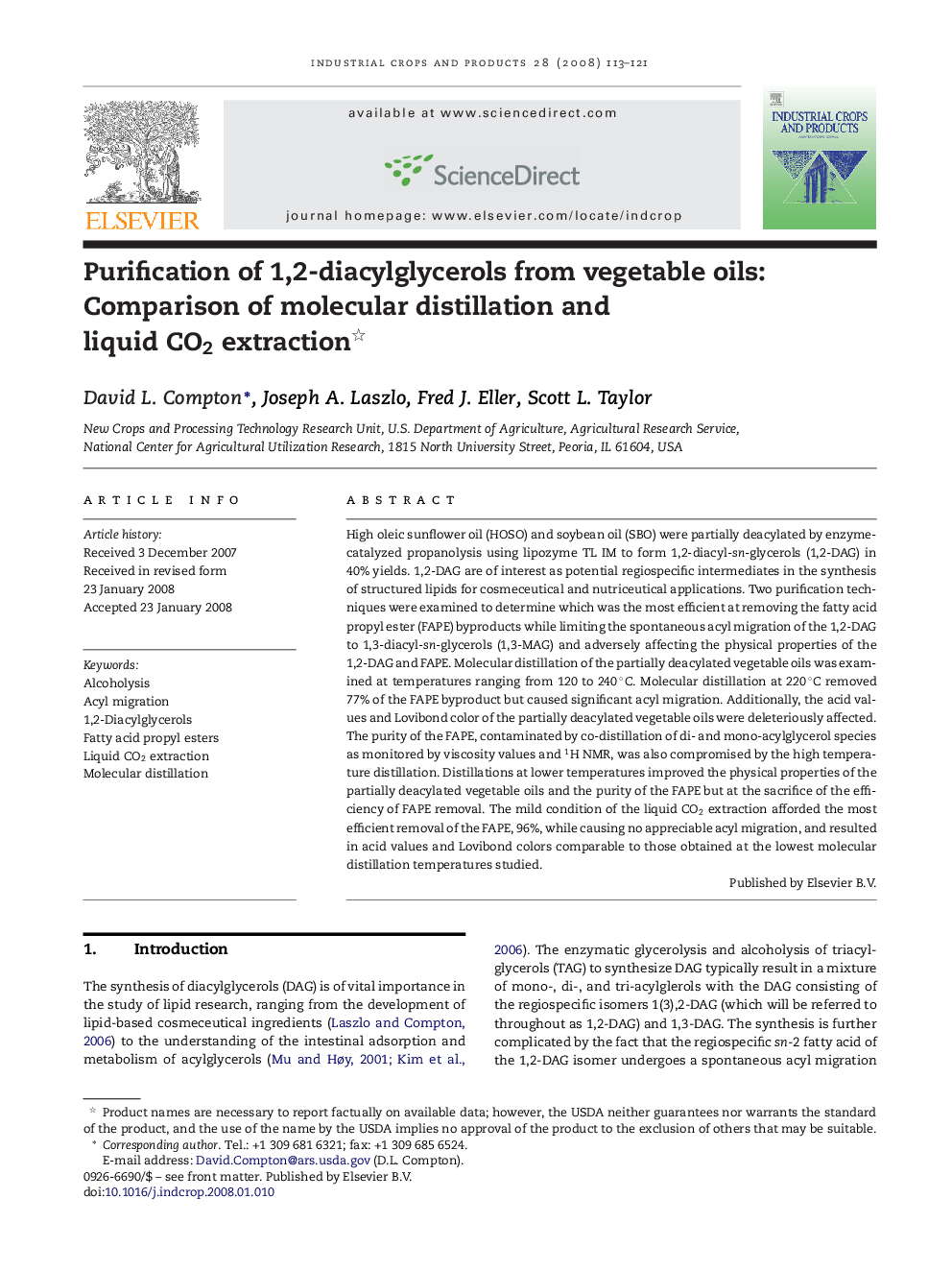 Purification of 1,2-diacylglycerols from vegetable oils: Comparison of molecular distillation and liquid CO2 extraction 