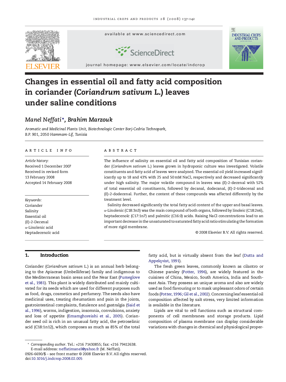 Changes in essential oil and fatty acid composition in coriander (Coriandrum sativum L.) leaves under saline conditions