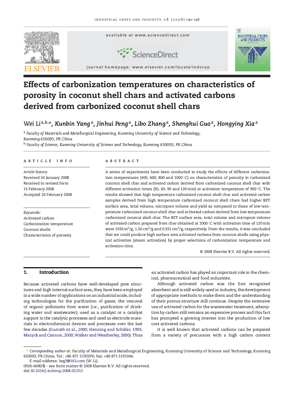 Effects of carbonization temperatures on characteristics of porosity in coconut shell chars and activated carbons derived from carbonized coconut shell chars