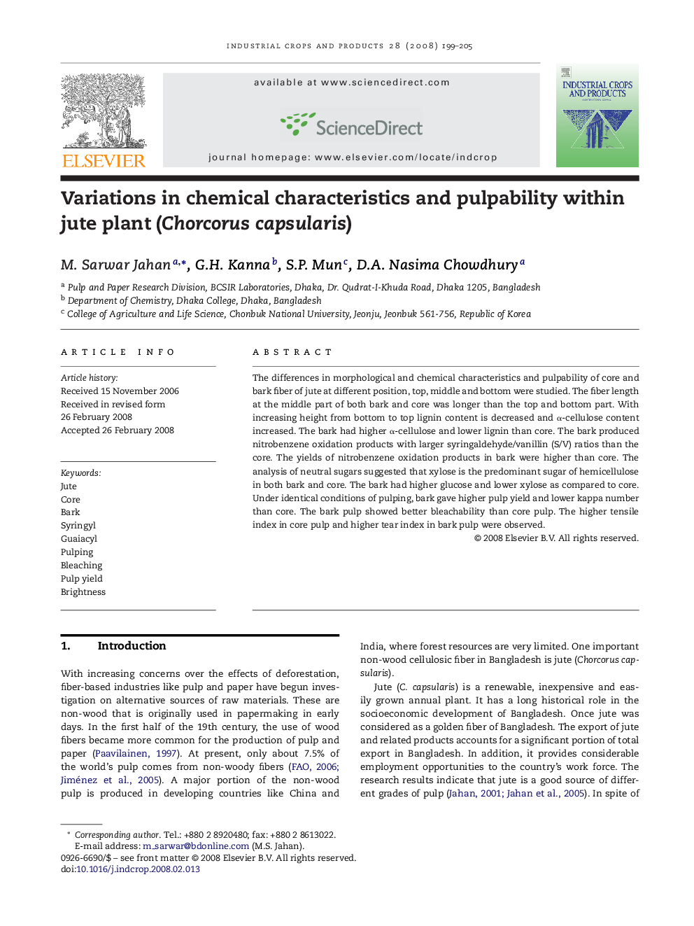 Variations in chemical characteristics and pulpability within jute plant (Chorcorus capsularis)