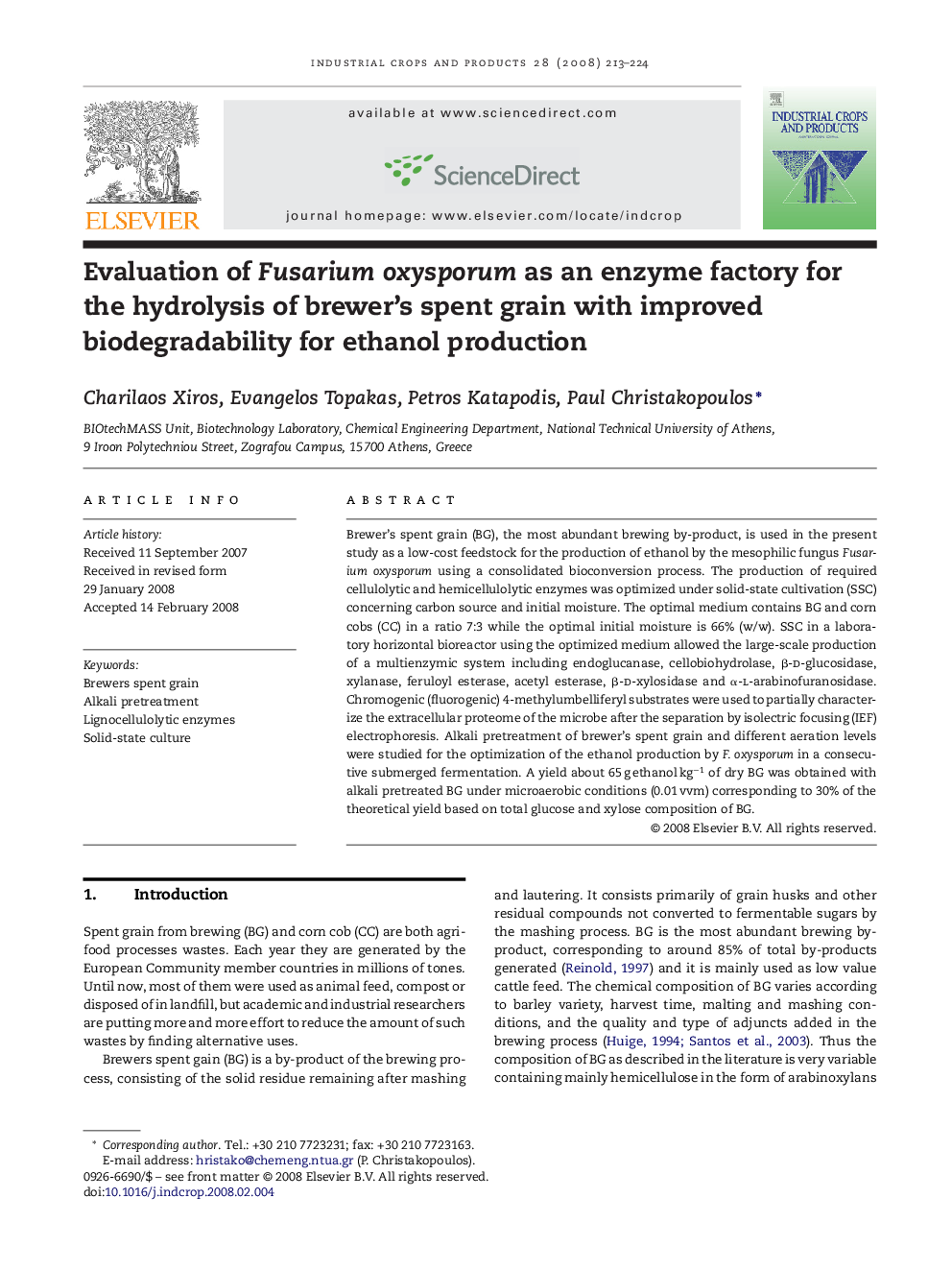 Evaluation of Fusarium oxysporum as an enzyme factory for the hydrolysis of brewer's spent grain with improved biodegradability for ethanol production