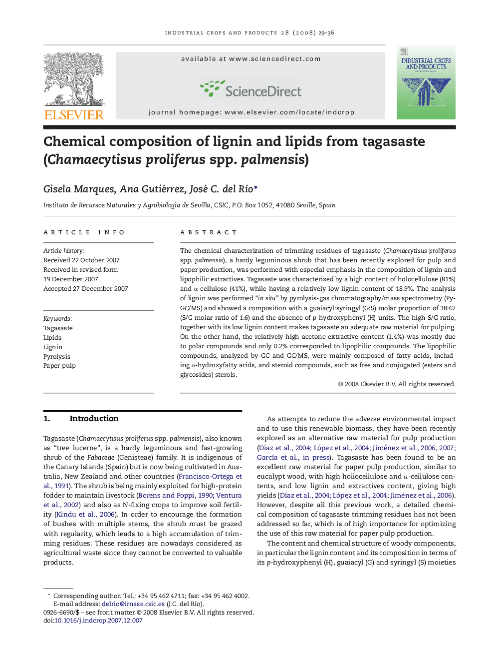 Chemical composition of lignin and lipids from tagasaste (Chamaecytisus proliferus spp. palmensis)