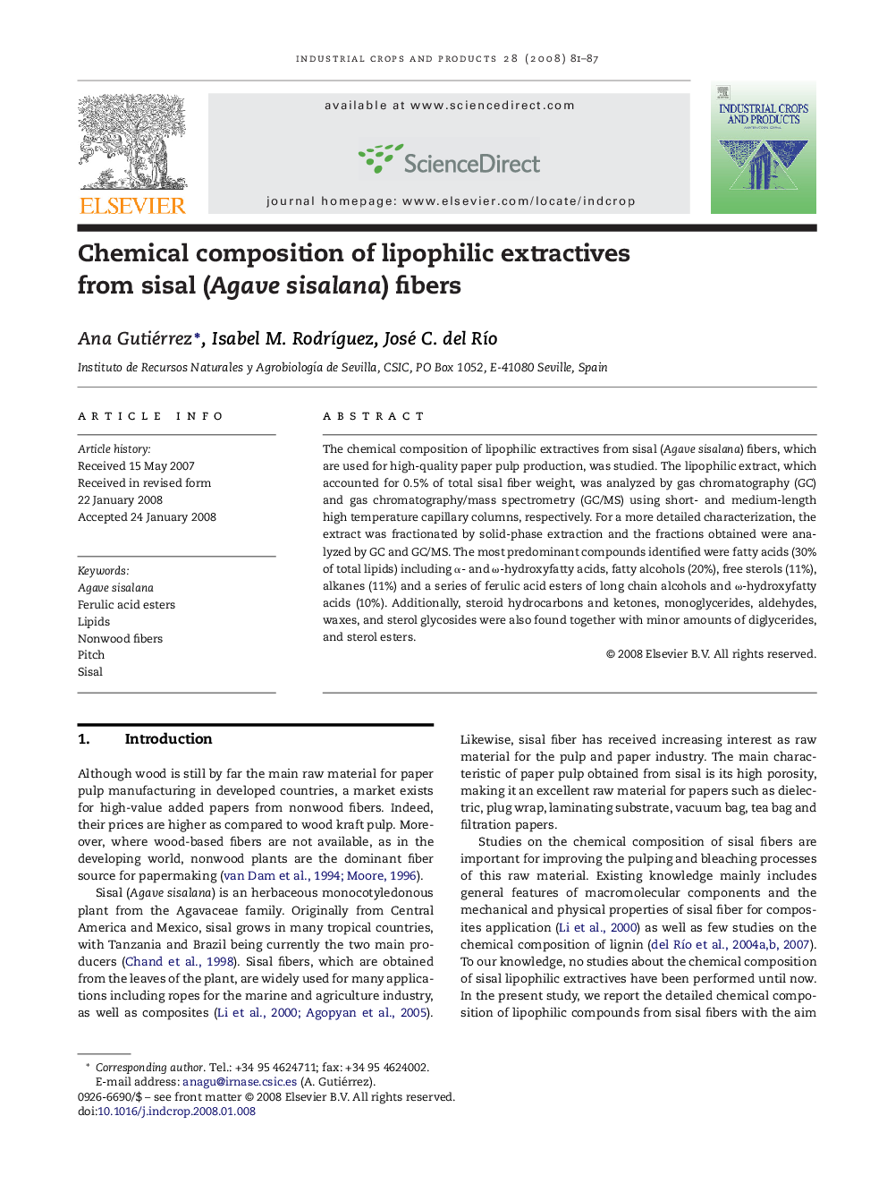 Chemical composition of lipophilic extractives from sisal (Agave sisalana) fibers