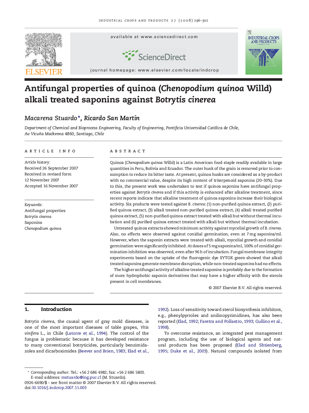 Antifungal properties of quinoa (Chenopodium quinoa Willd) alkali treated saponins against Botrytis cinerea