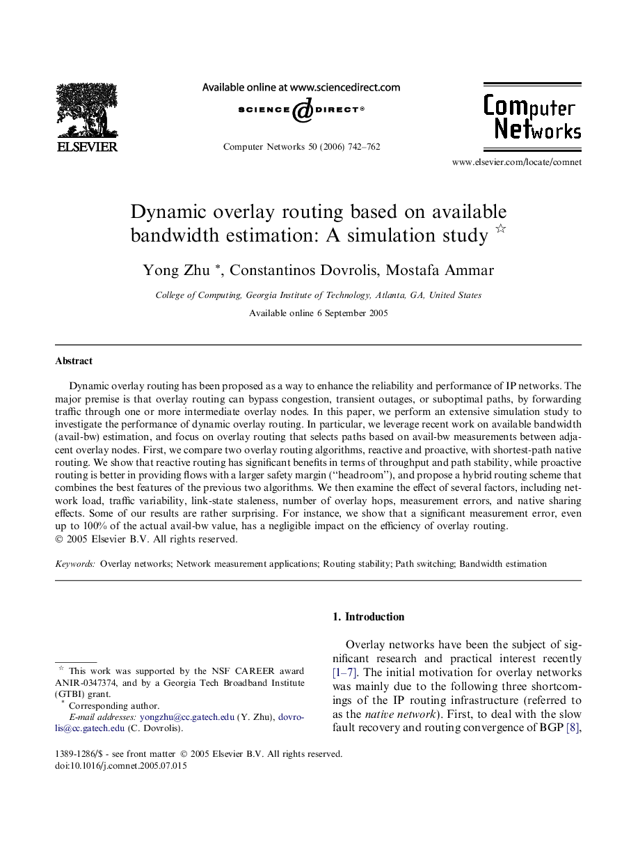 Dynamic overlay routing based on available bandwidth estimation: A simulation study 