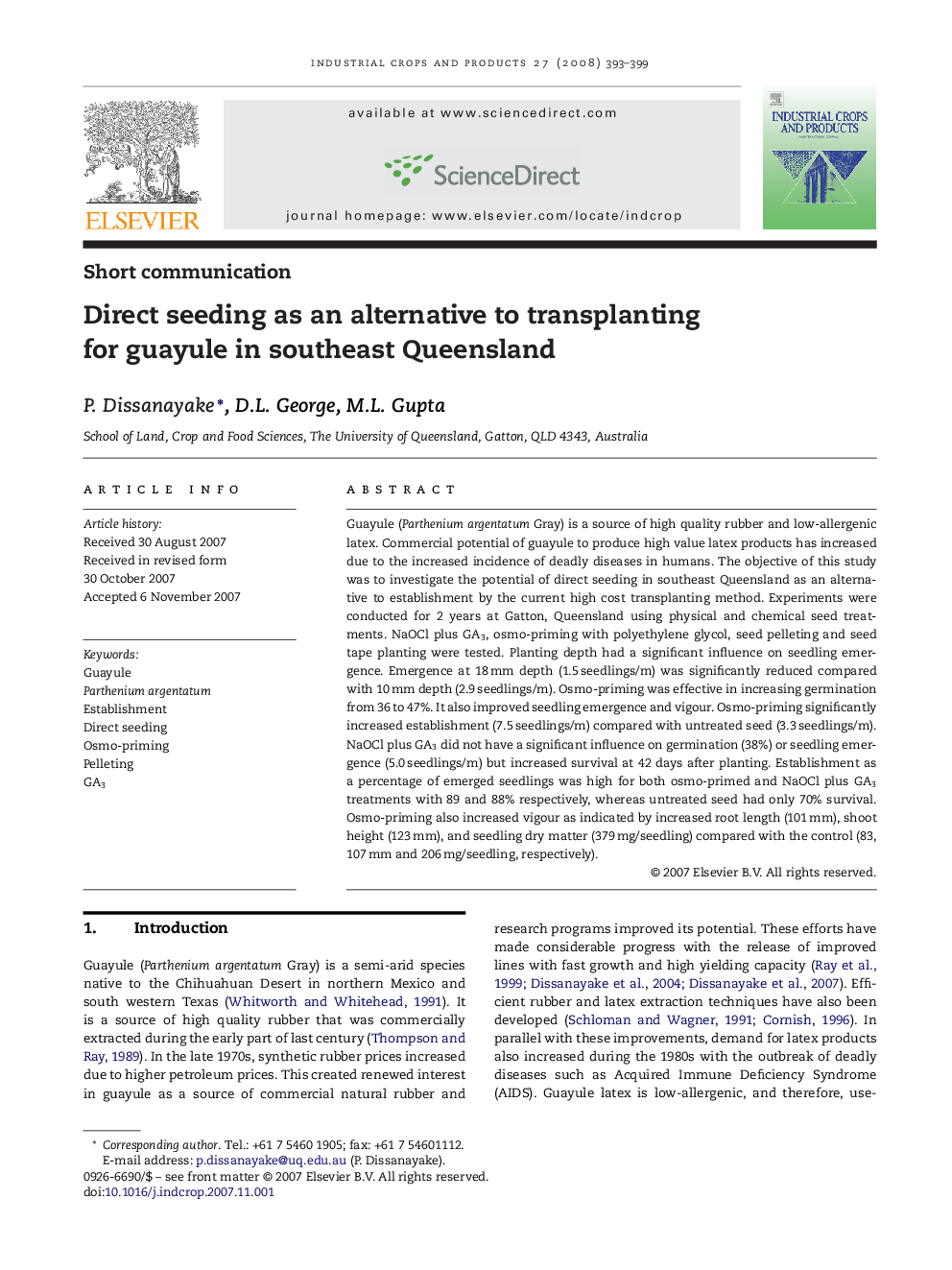 Direct seeding as an alternative to transplanting for guayule in southeast Queensland