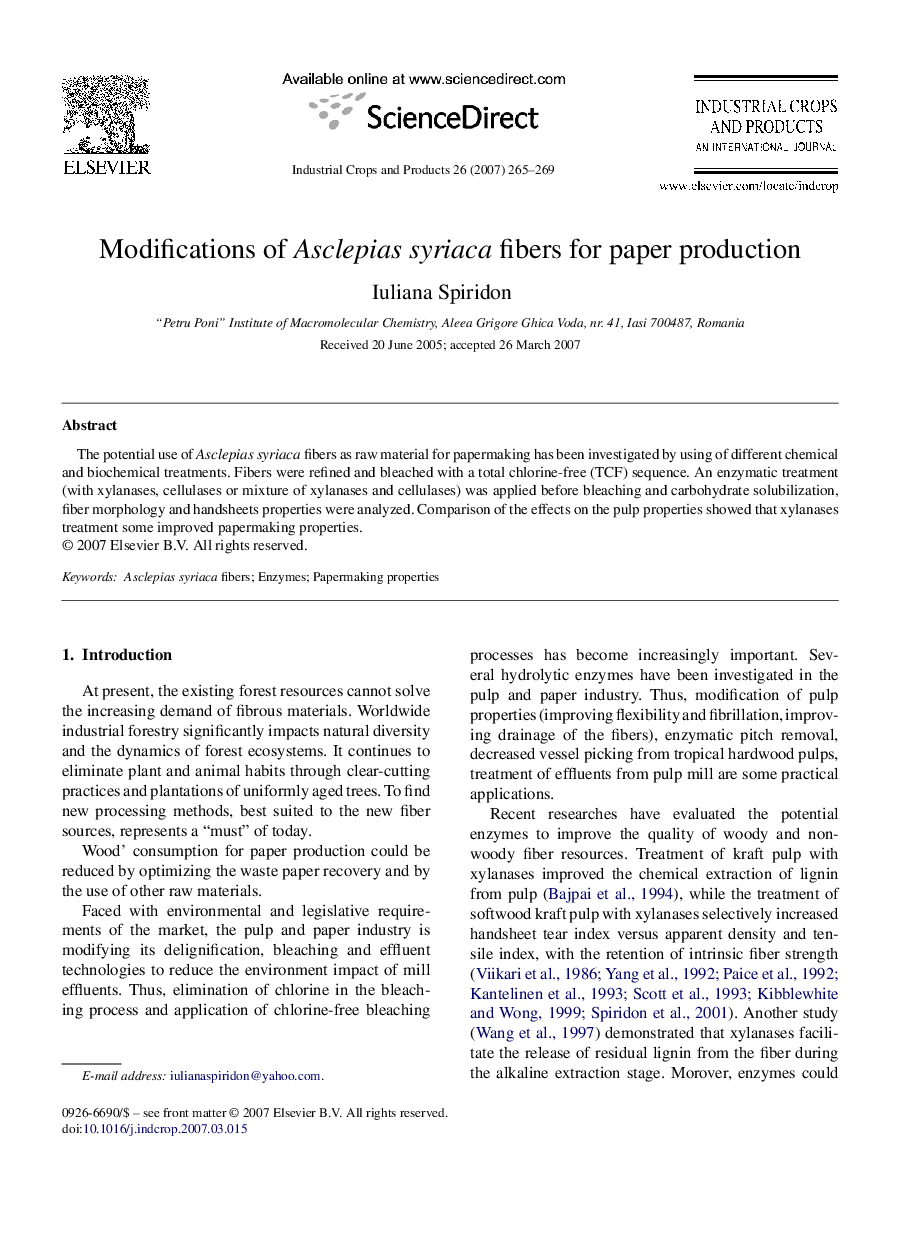 Modifications of Asclepias syriaca fibers for paper production