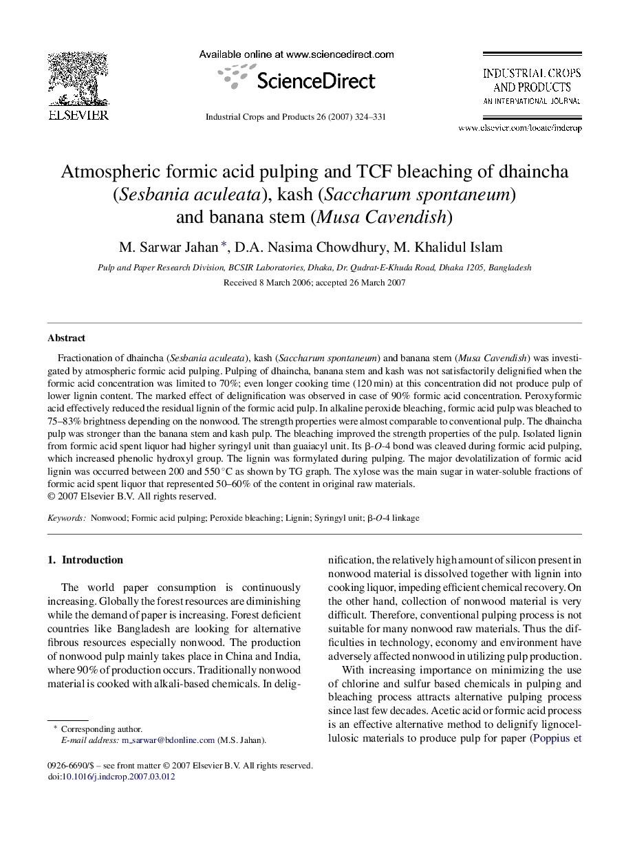 Atmospheric formic acid pulping and TCF bleaching of dhaincha (Sesbania aculeata), kash (Saccharum spontaneum) and banana stem (Musa Cavendish)