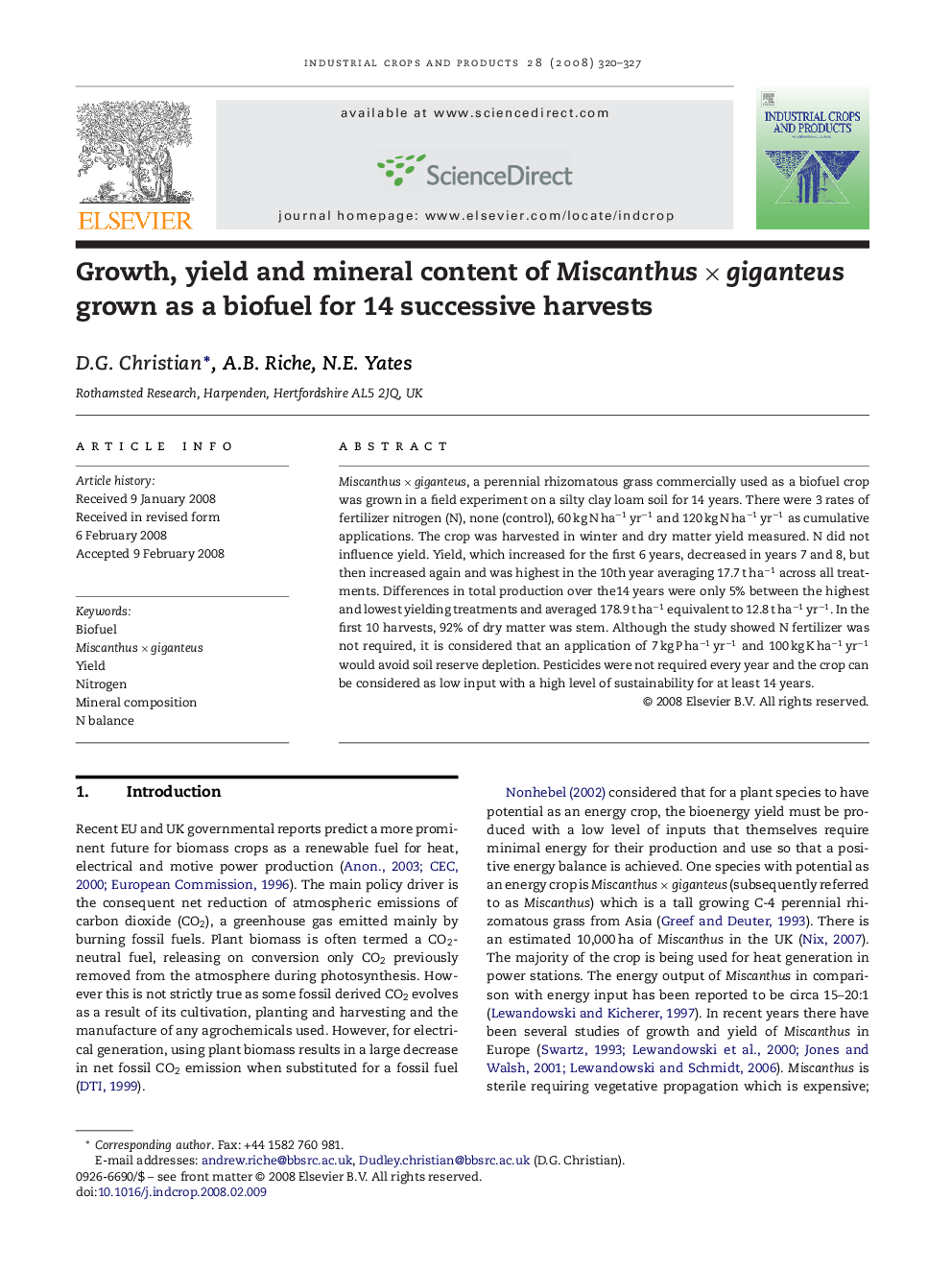 Growth, yield and mineral content of Miscanthus × giganteus grown as a biofuel for 14 successive harvests