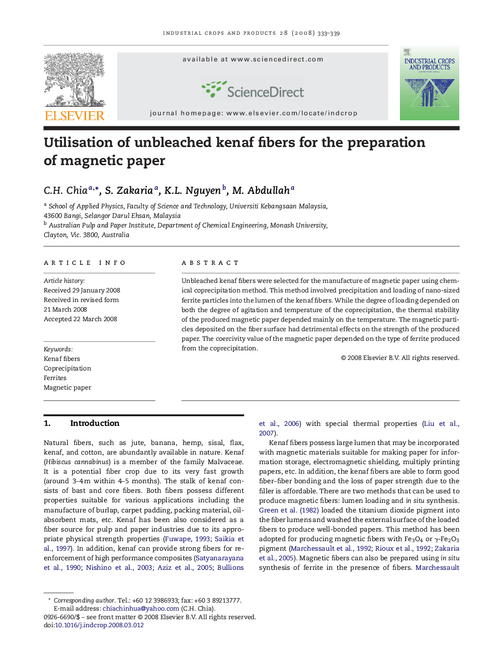 Utilisation of unbleached kenaf fibers for the preparation of magnetic paper