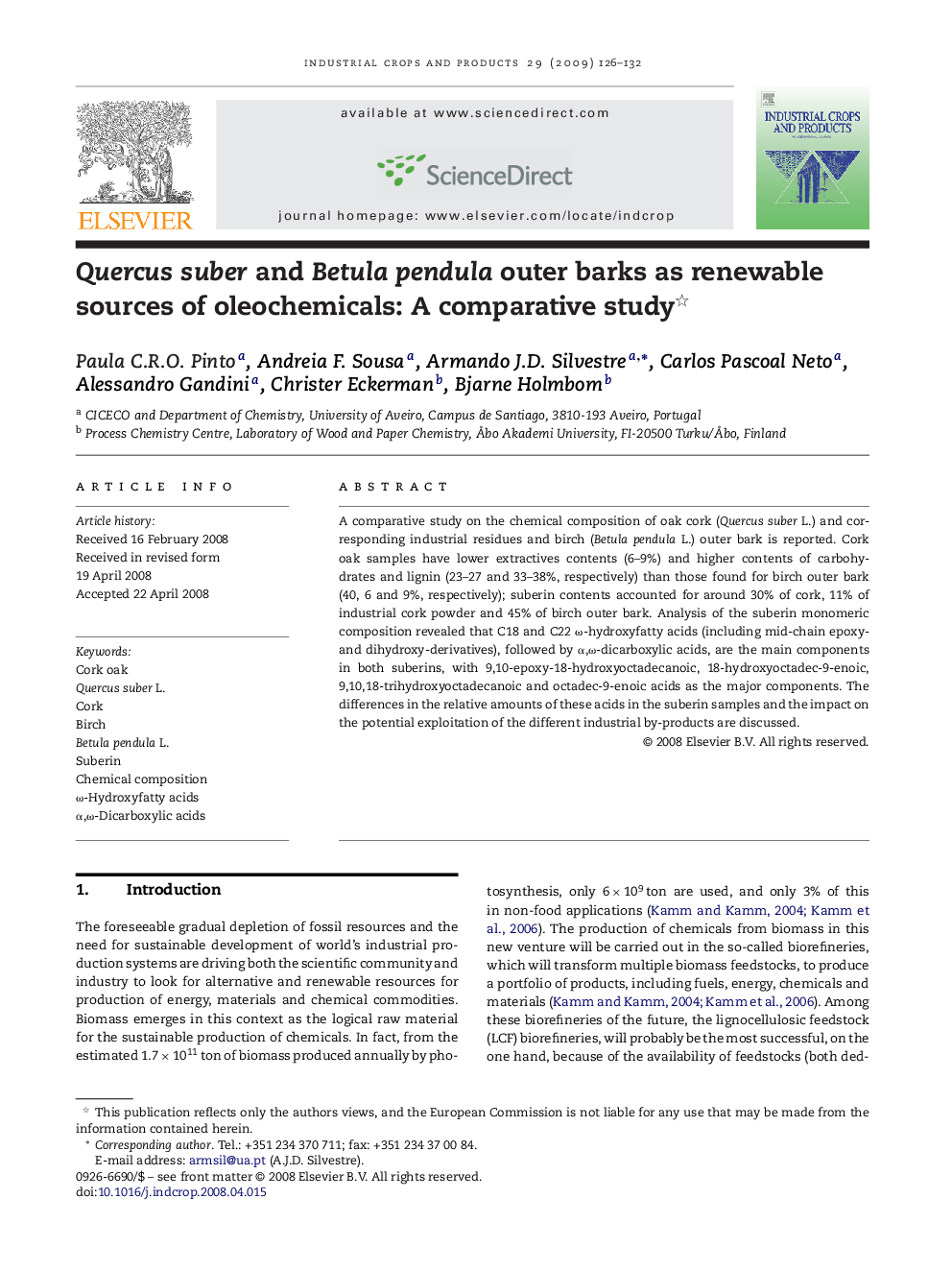 Quercus suber and Betula pendula outer barks as renewable sources of oleochemicals: A comparative study 