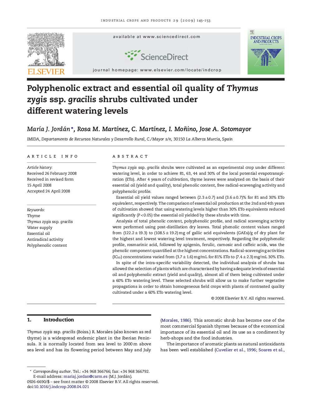 Polyphenolic extract and essential oil quality of Thymus zygis ssp. gracilis shrubs cultivated under different watering levels