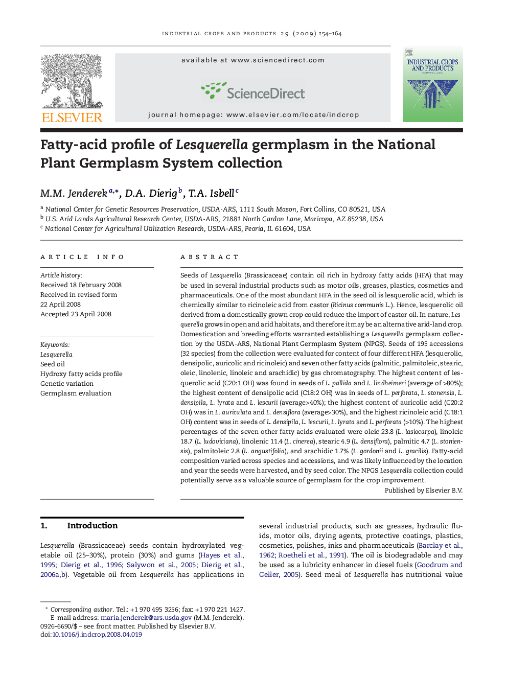 Fatty-acid profile of Lesquerella germplasm in the National Plant Germplasm System collection