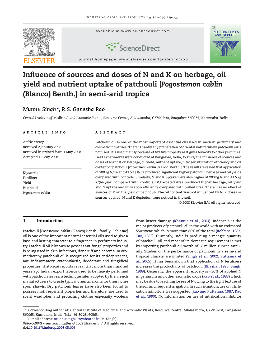 Influence of sources and doses of N and K on herbage, oil yield and nutrient uptake of patchouli [Pogostemon cablin (Blanco) Benth.] in semi-arid tropics