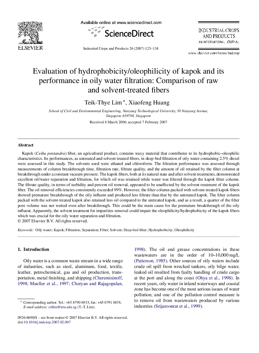 Evaluation of hydrophobicity/oleophilicity of kapok and its performance in oily water filtration: Comparison of raw and solvent-treated fibers