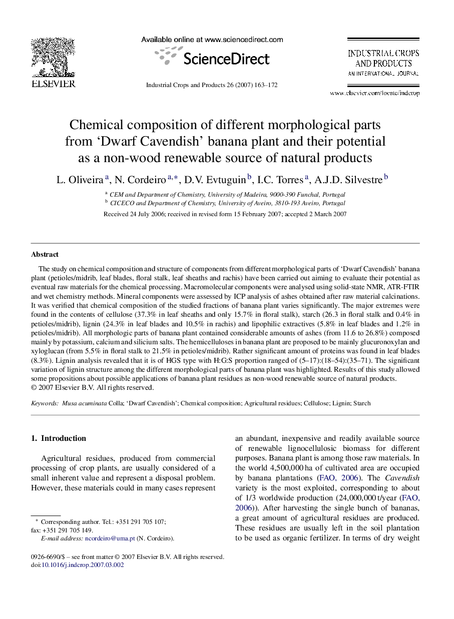 عکس صفحه اول مقاله: Chemical composition of different morphological parts from ‘Dwarf Cavendish’ banana plant and their potential as a non-wood renewable source of natural products Chemical composition of different morphological parts from ‘Dwarf Cavendish’ banana plant and their potential as a non-wood renewable source of natural products