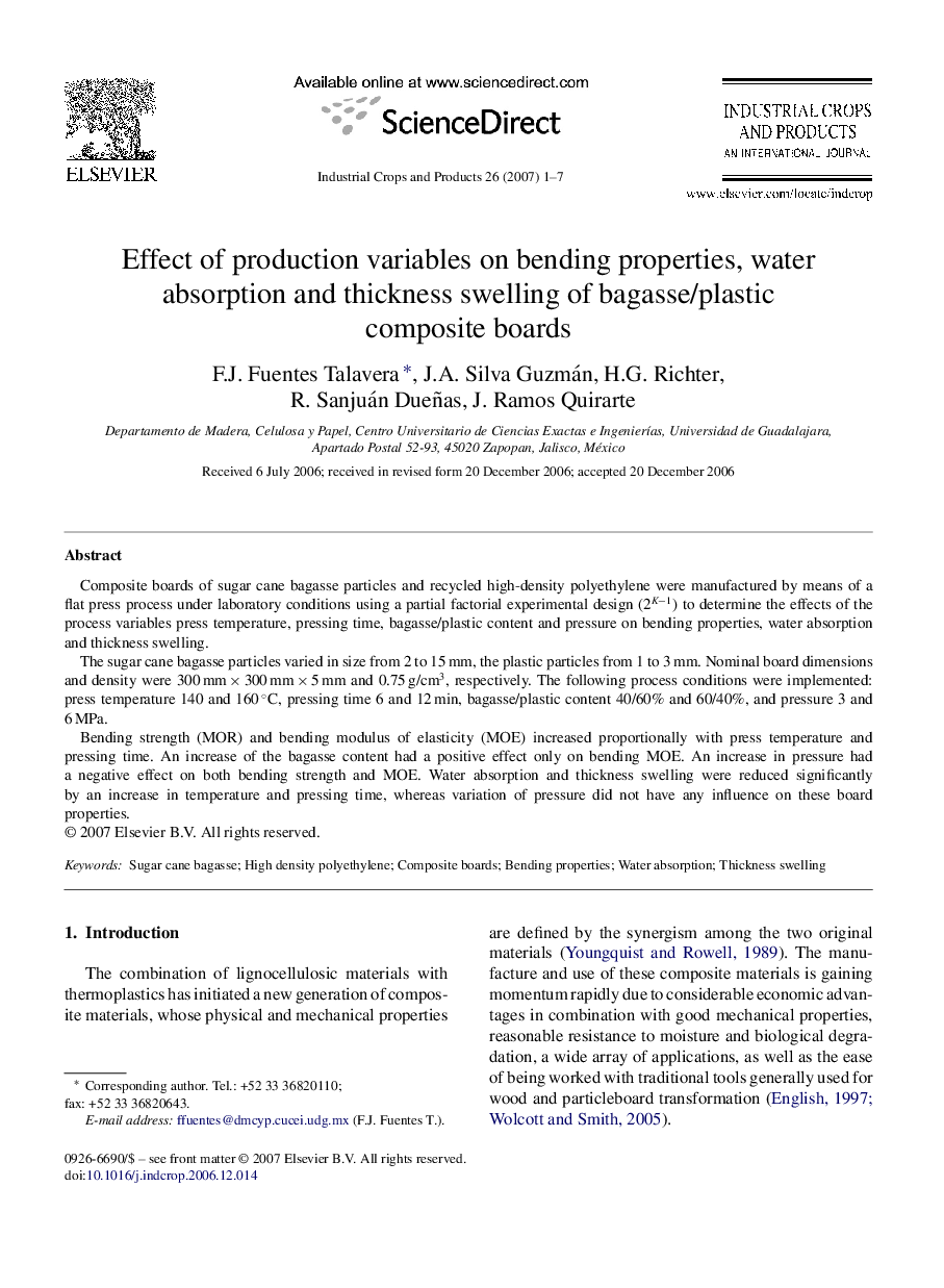 Effect of production variables on bending properties, water absorption and thickness swelling of bagasse/plastic composite boards