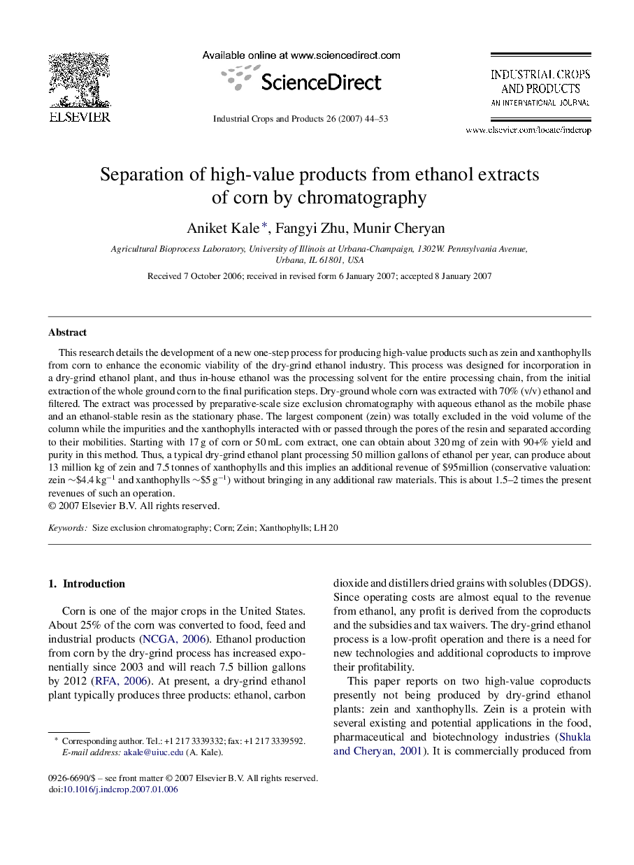 Separation of high-value products from ethanol extracts of corn by chromatography