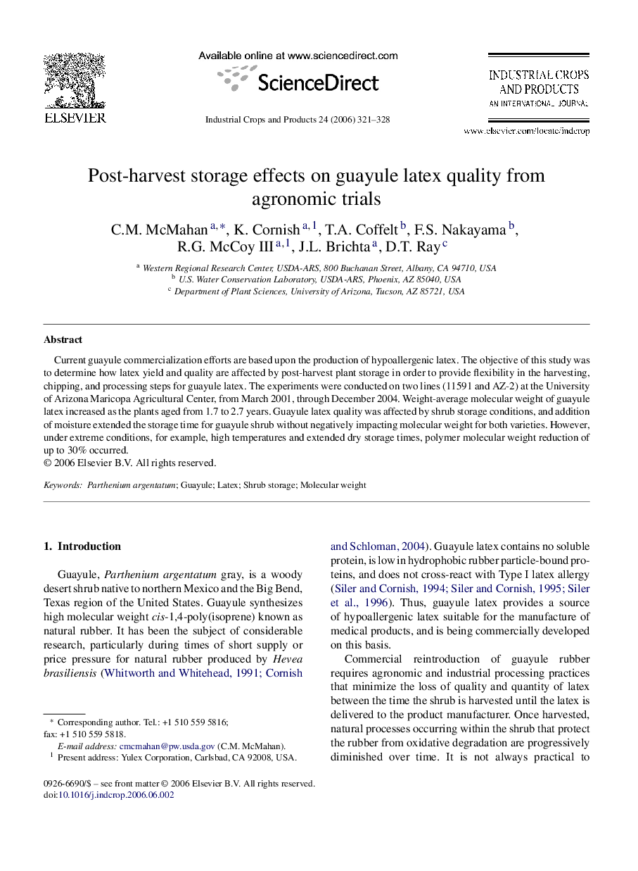 Post-harvest storage effects on guayule latex quality from agronomic trials