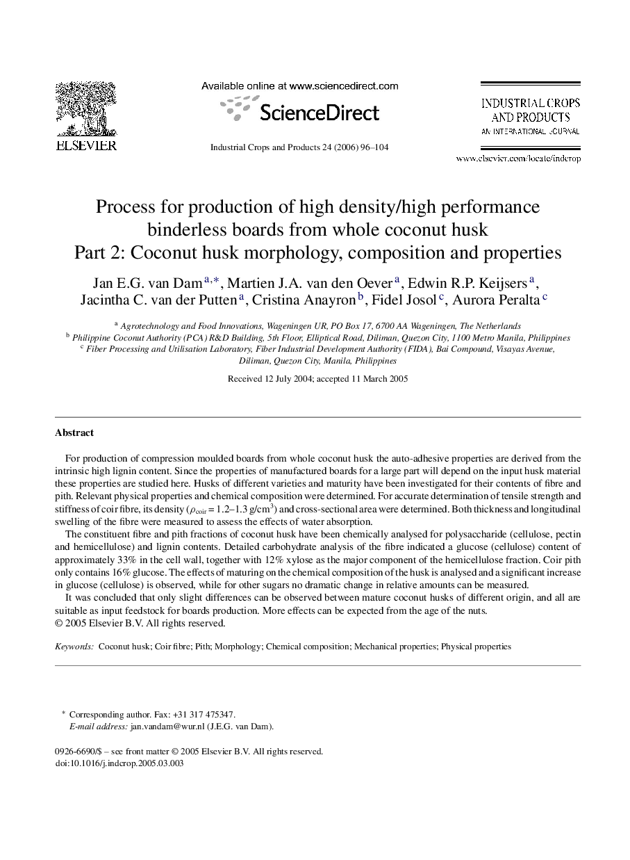 عکس صفحه اول مقاله: Process for production of high density/high performance binderless boards from whole coconut husk: Part 2: Coconut husk morphology, composition and properties Process for production of high density/high performance binderless boards from whole coconut husk: Part 2: Coconut husk morphology, composition and properties