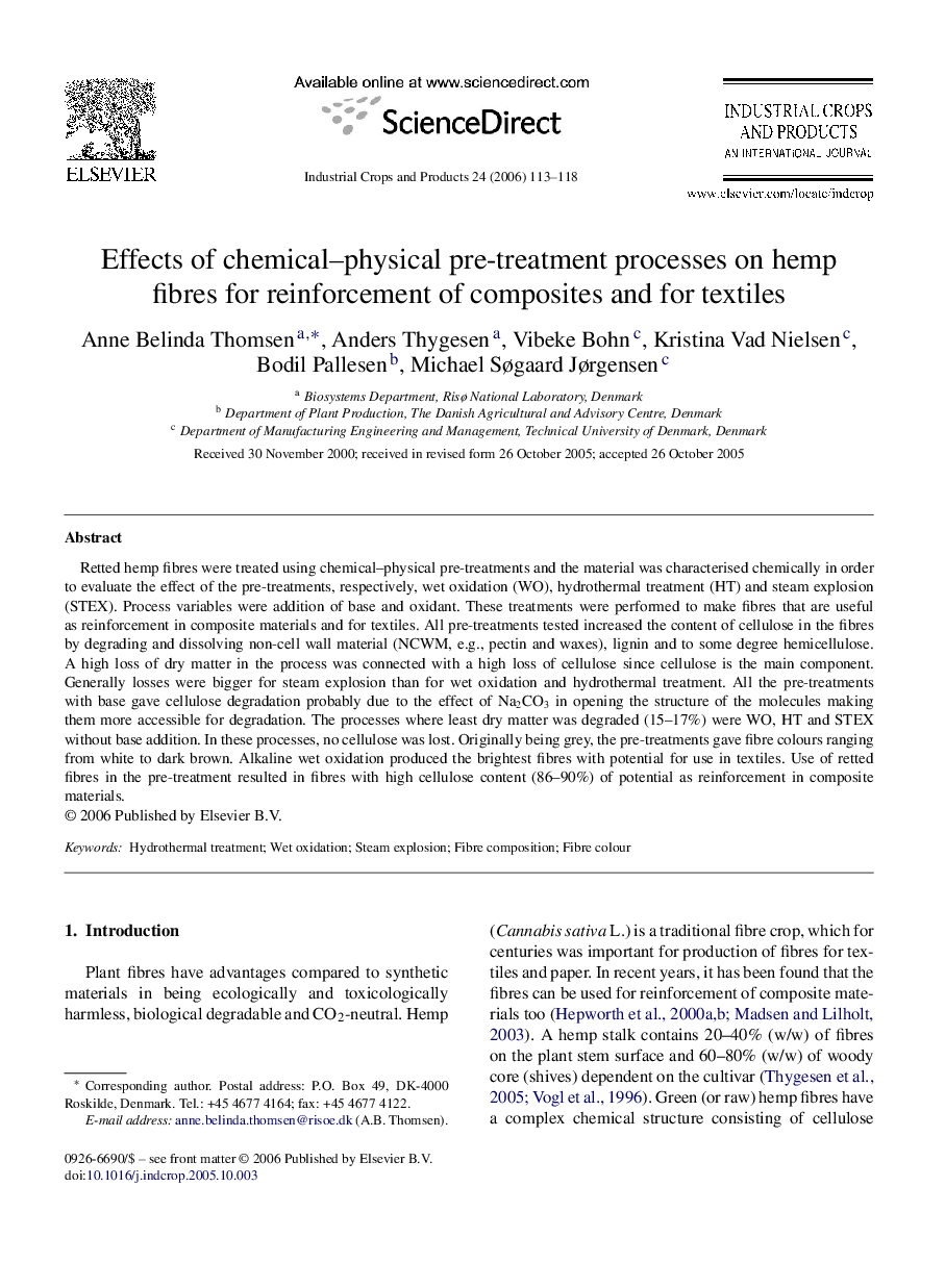 Effects of chemical–physical pre-treatment processes on hemp fibres for reinforcement of composites and for textiles