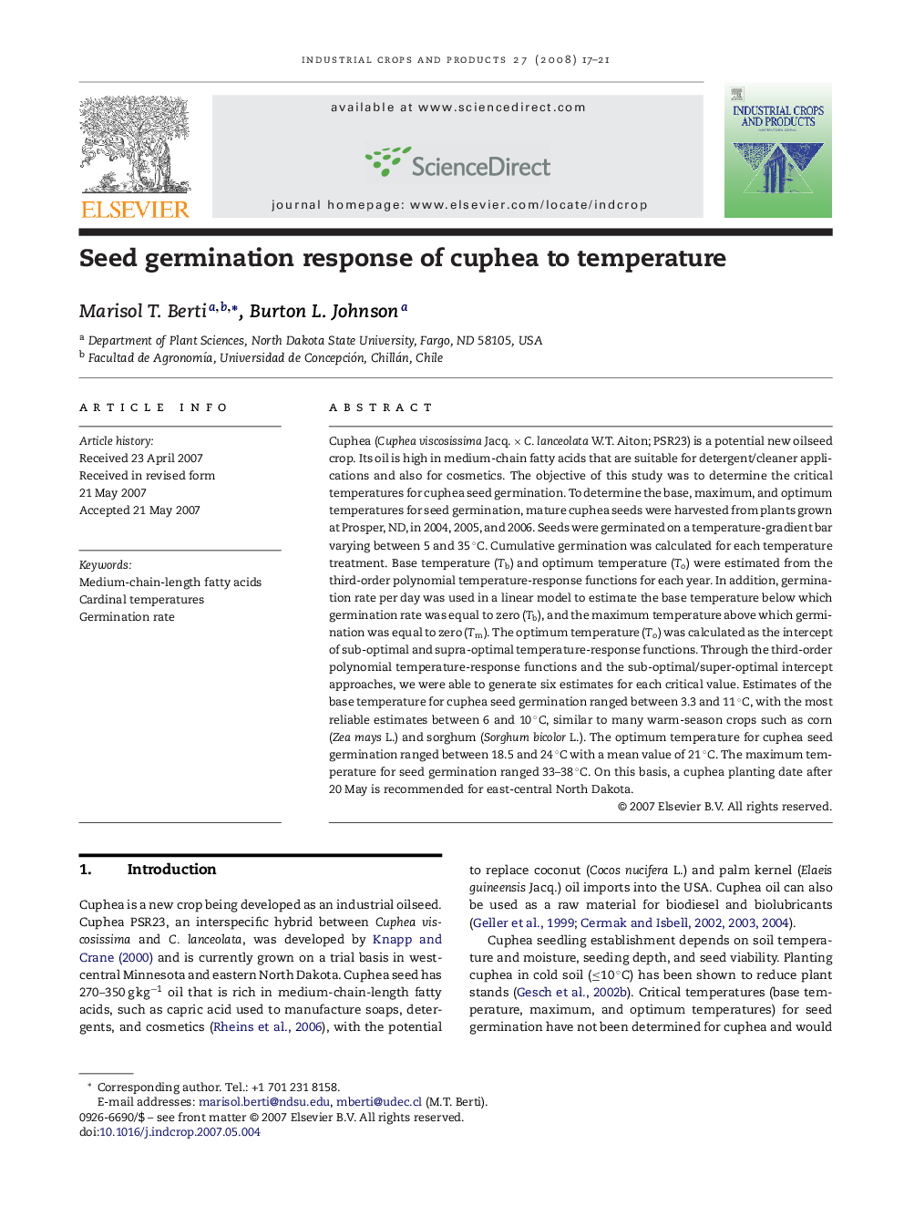 Seed germination response of cuphea to temperature