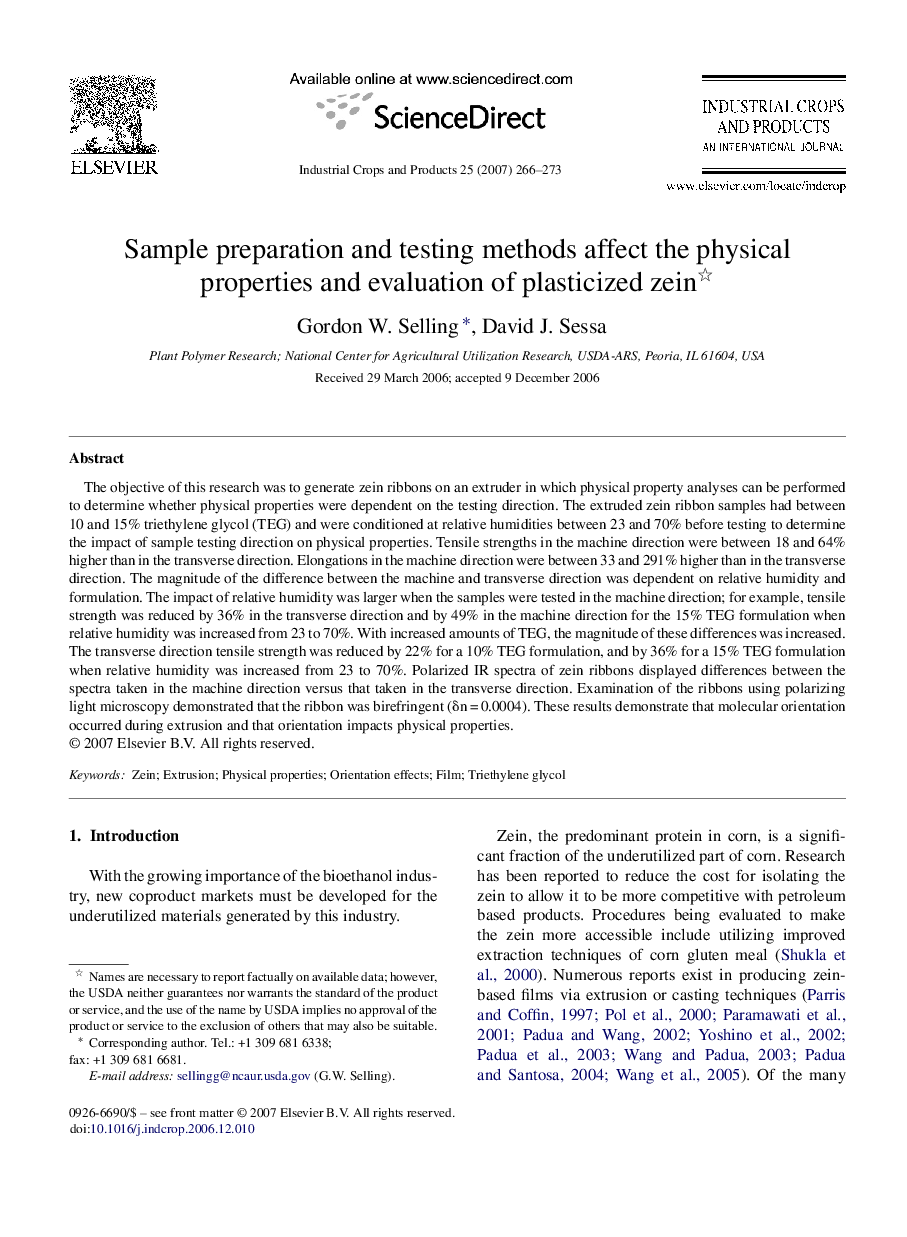 Sample preparation and testing methods affect the physical properties and evaluation of plasticized zein