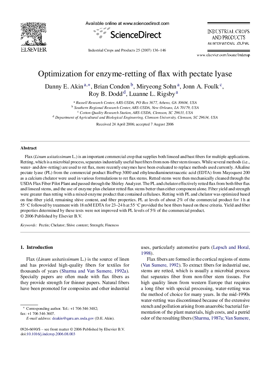 Optimization for enzyme-retting of flax with pectate lyase