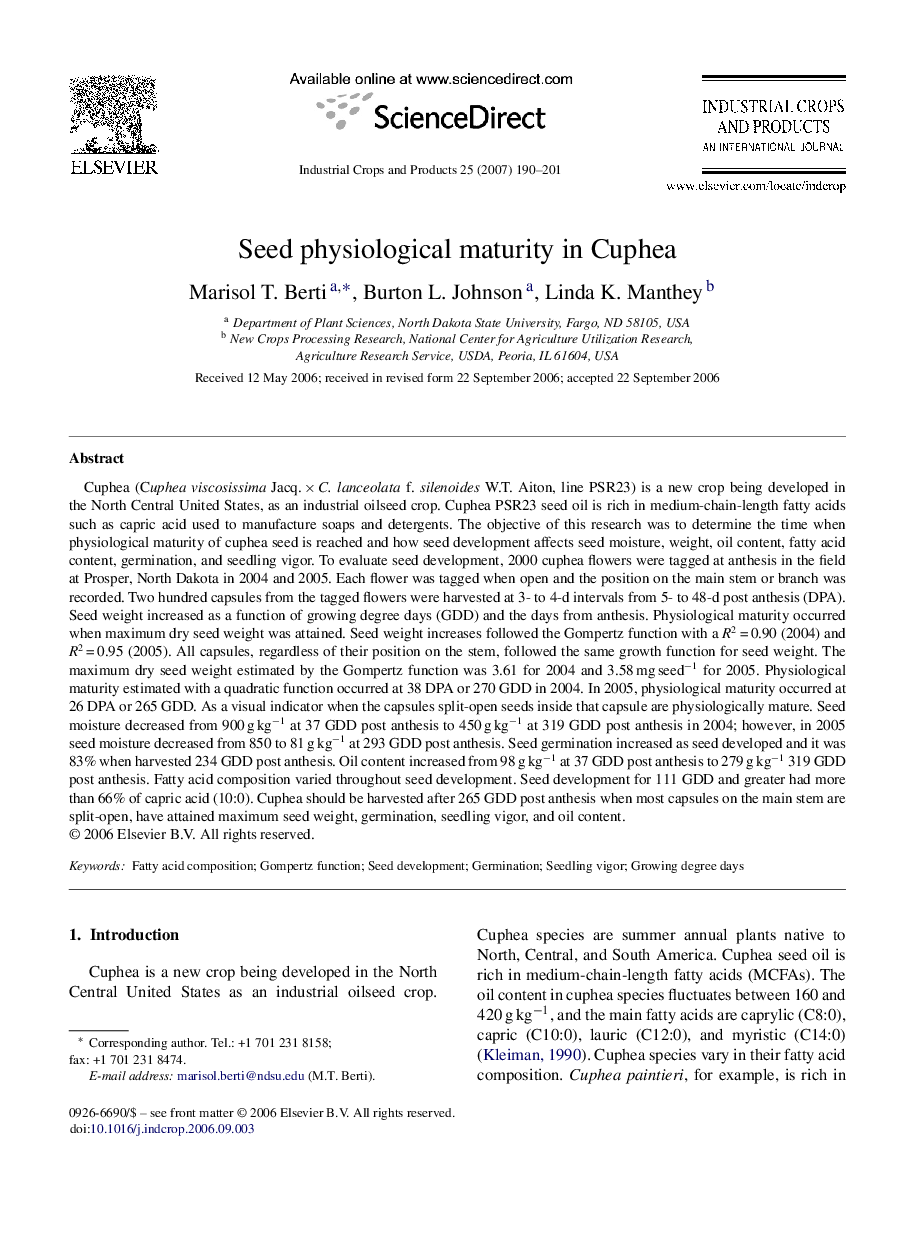 Seed physiological maturity in Cuphea