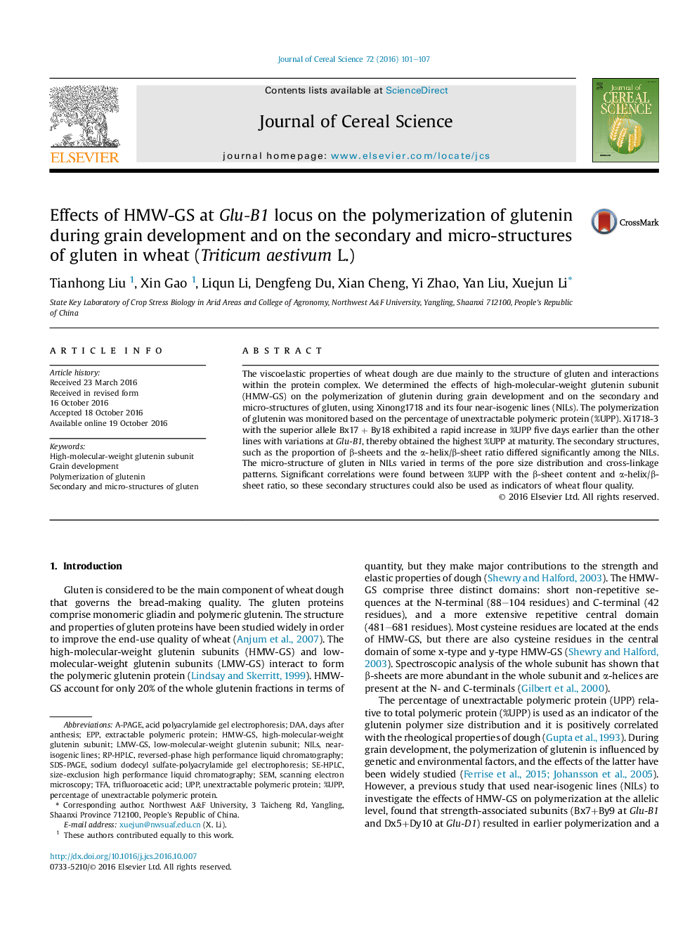 Effects of HMW-GS at Glu-B1 locus on the polymerization of glutenin during grain development and on the secondary and micro-structures of gluten in wheat (Triticum aestivum L.)