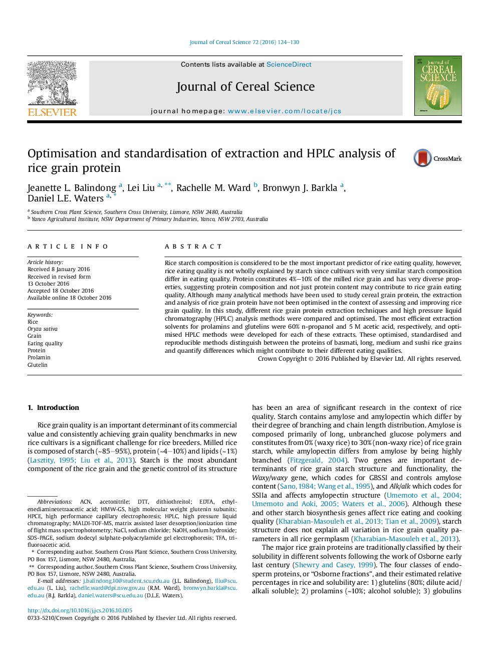 Optimisation and standardisation of extraction and HPLC analysis of rice grain protein