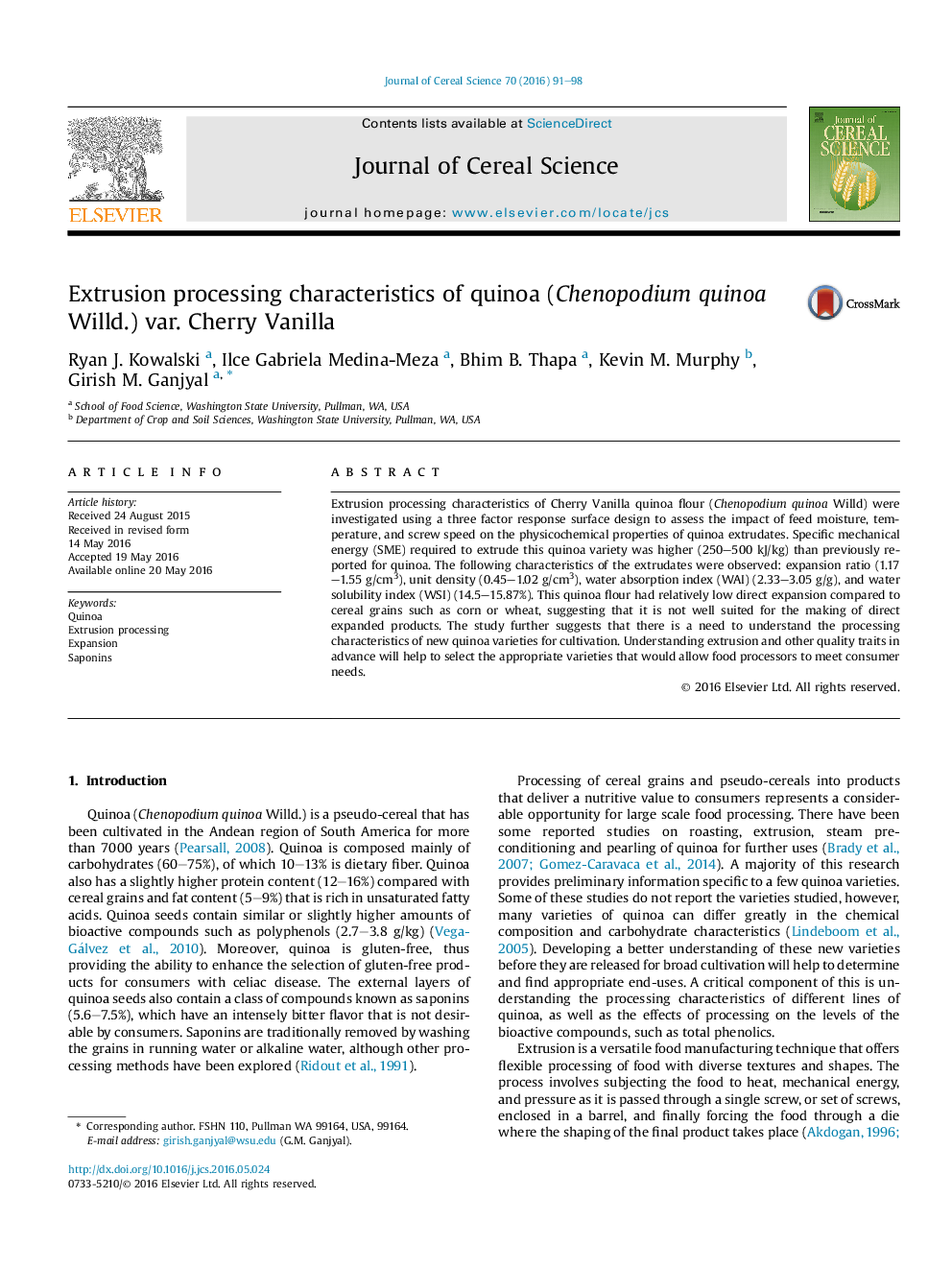 Extrusion processing characteristics of quinoa (Chenopodium quinoa Willd.) var. Cherry Vanilla