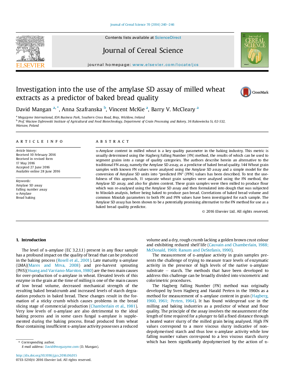 Investigation into the use of the amylase SD assay of milled wheat extracts as a predictor of baked bread quality