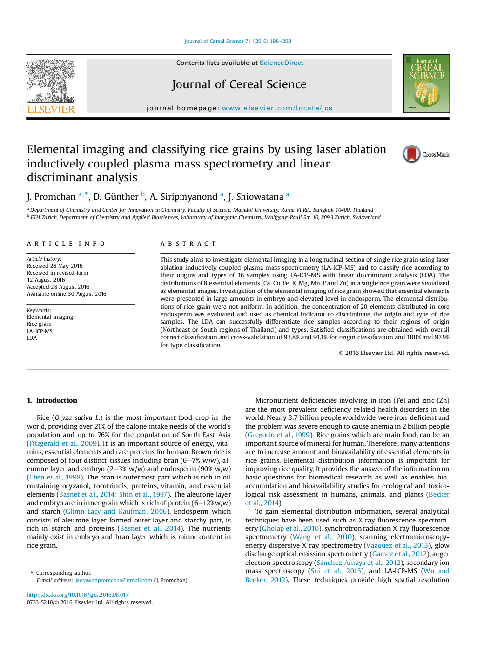 Elemental imaging and classifying rice grains by using laser ablation inductively coupled plasma mass spectrometry and linear discriminant analysis