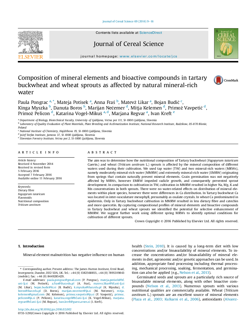 Composition of mineral elements and bioactive compounds in tartary buckwheat and wheat sprouts as affected by natural mineral-rich water