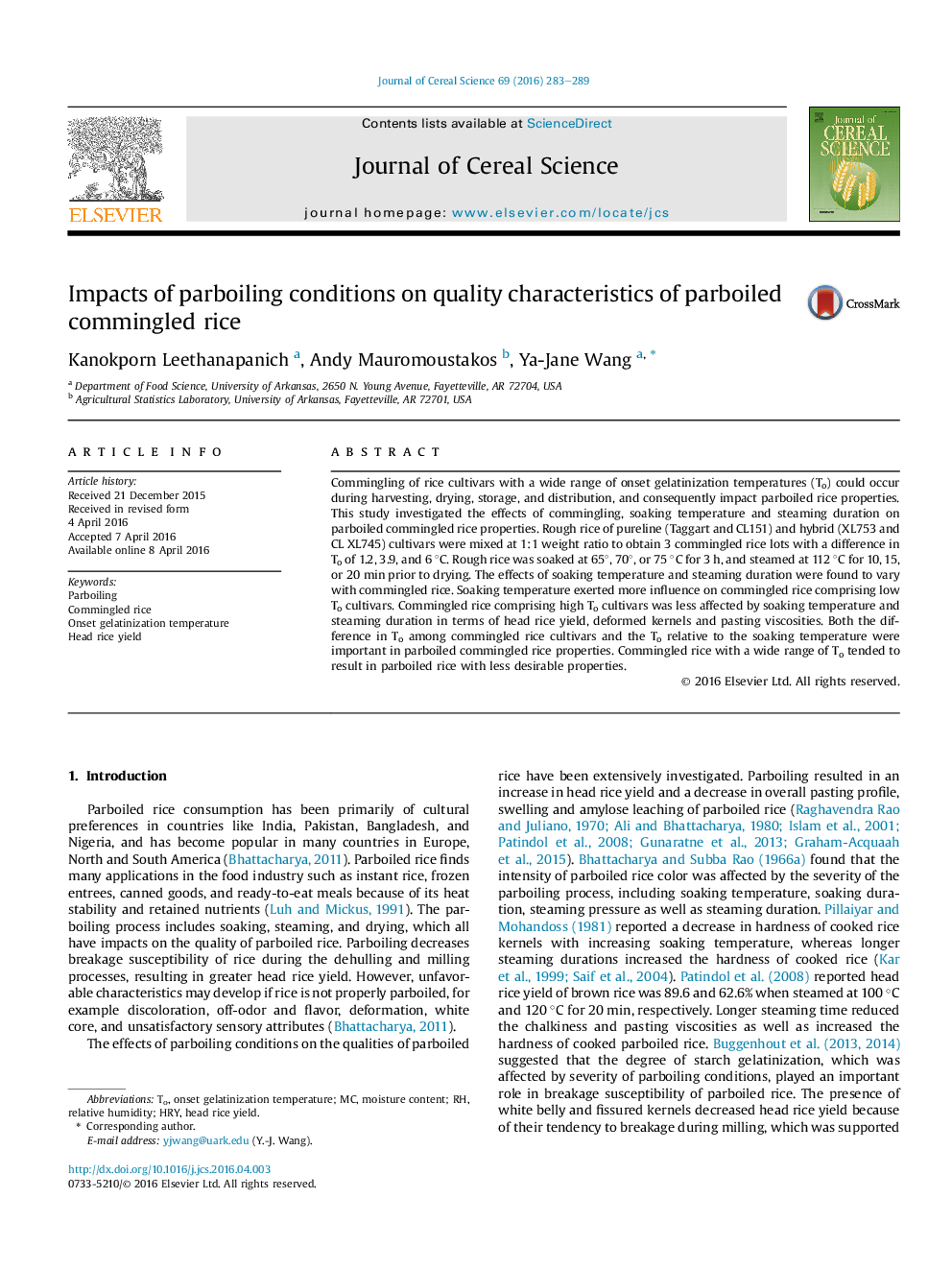 Impacts of parboiling conditions on quality characteristics of parboiled commingled rice