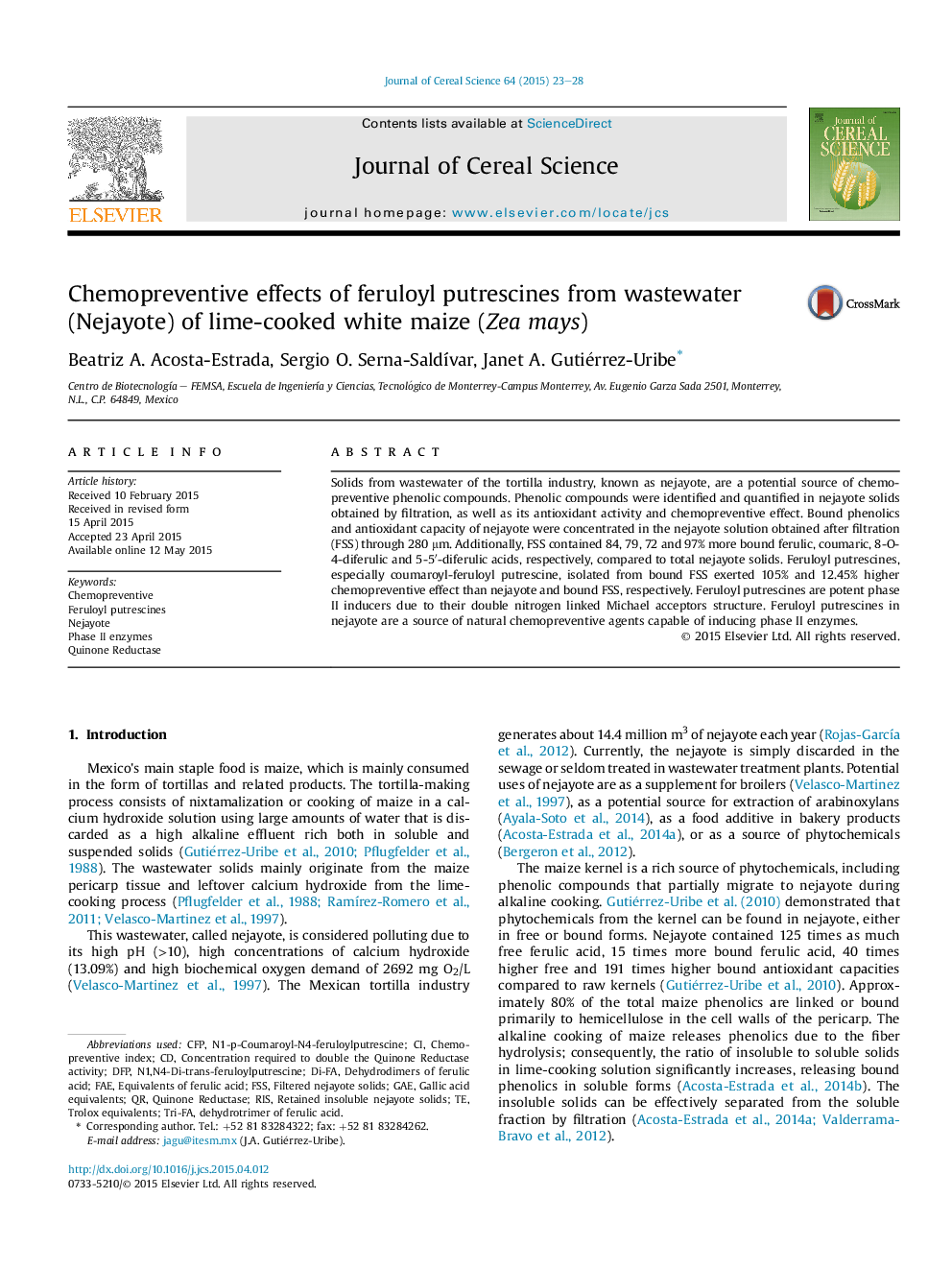 Chemopreventive effects of feruloyl putrescines from wastewater (Nejayote) of lime-cooked white maize (Zea mays)