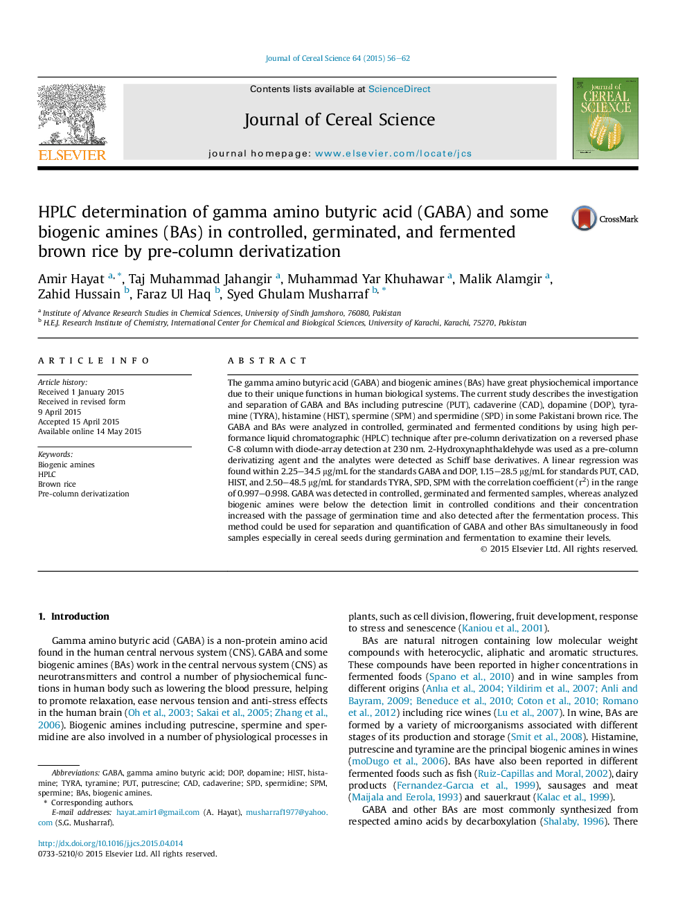 HPLC determination of gamma amino butyric acid (GABA) and some biogenic amines (BAs) in controlled, germinated, and fermented brown rice by pre-column derivatization