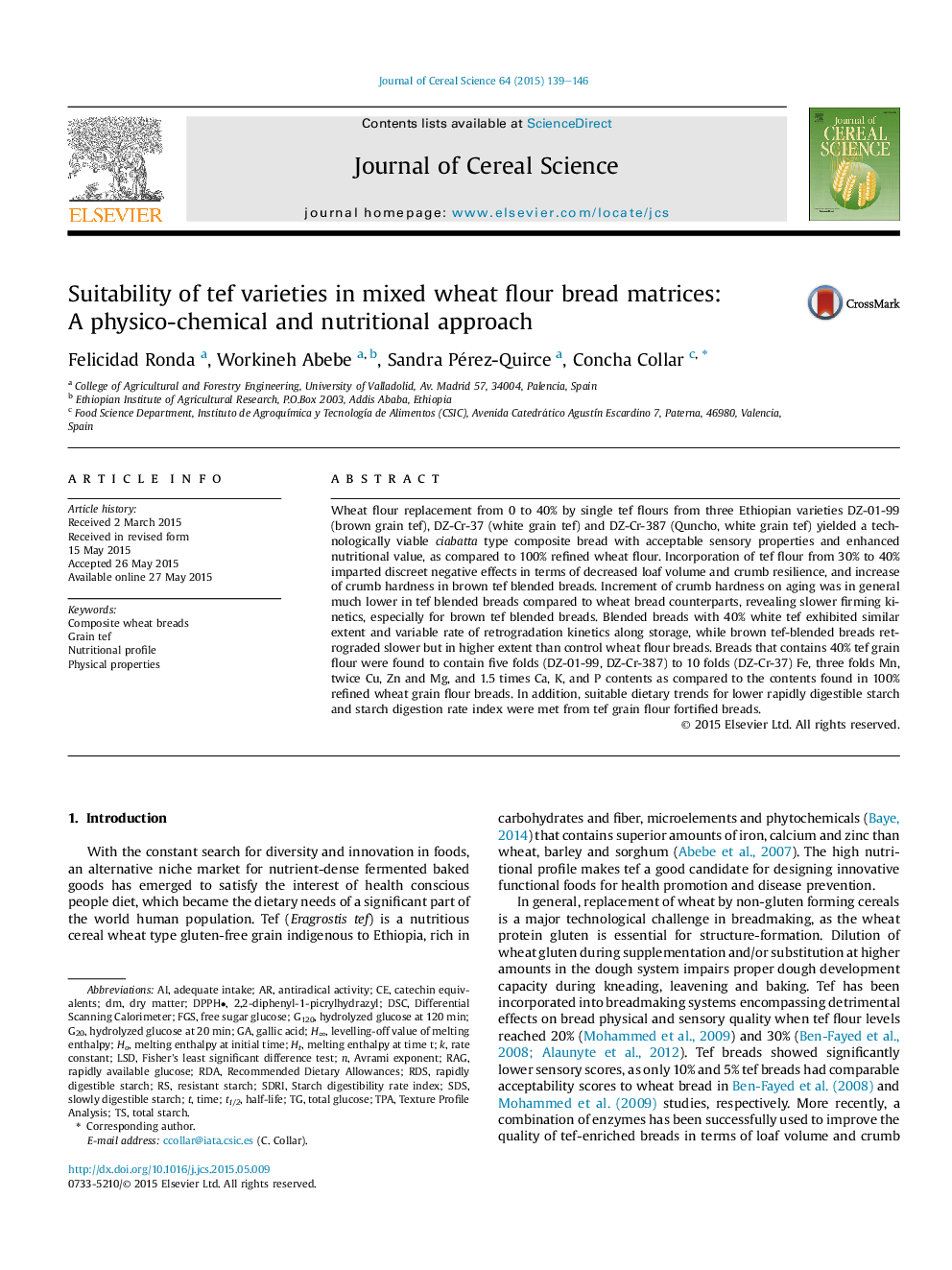 Suitability of tef varieties in mixed wheat flour bread matrices: A physico-chemical and nutritional approach